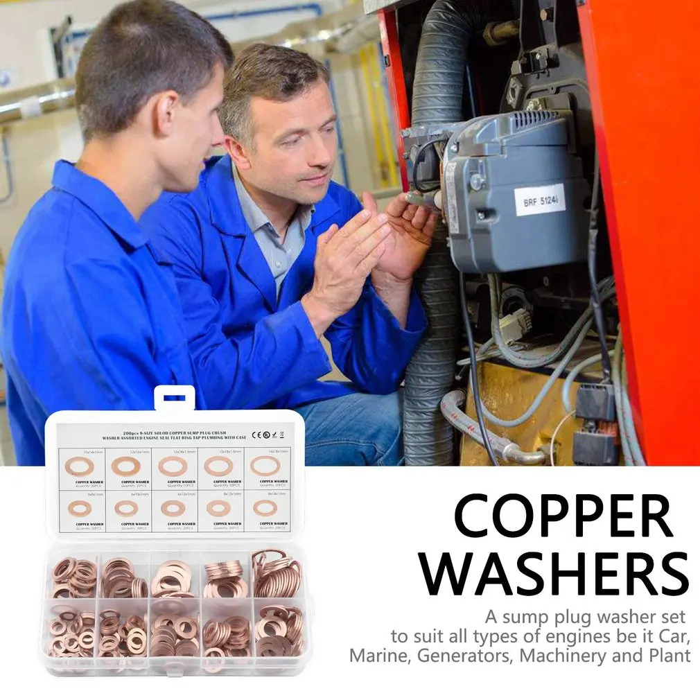 200Pcs Solido Rondella di Rame M5-M14 Anello Piatto Coppa Plug Paraolio Assortiti Box Set