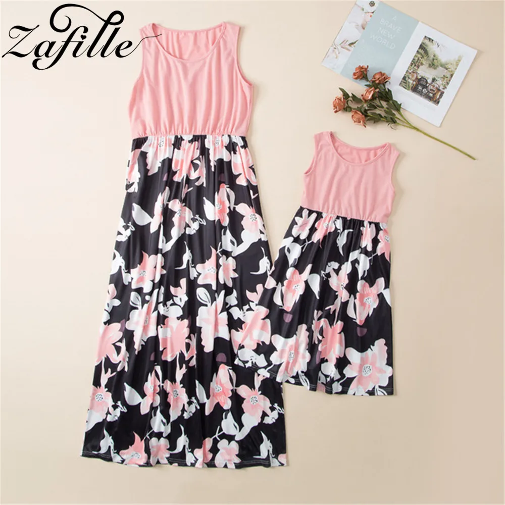 ZAFILLE Mother Kids Patchwork Floral Long Dresses Elegant Mother Daughter Matching Dress Summer Mommy and Daughter Same Clothes