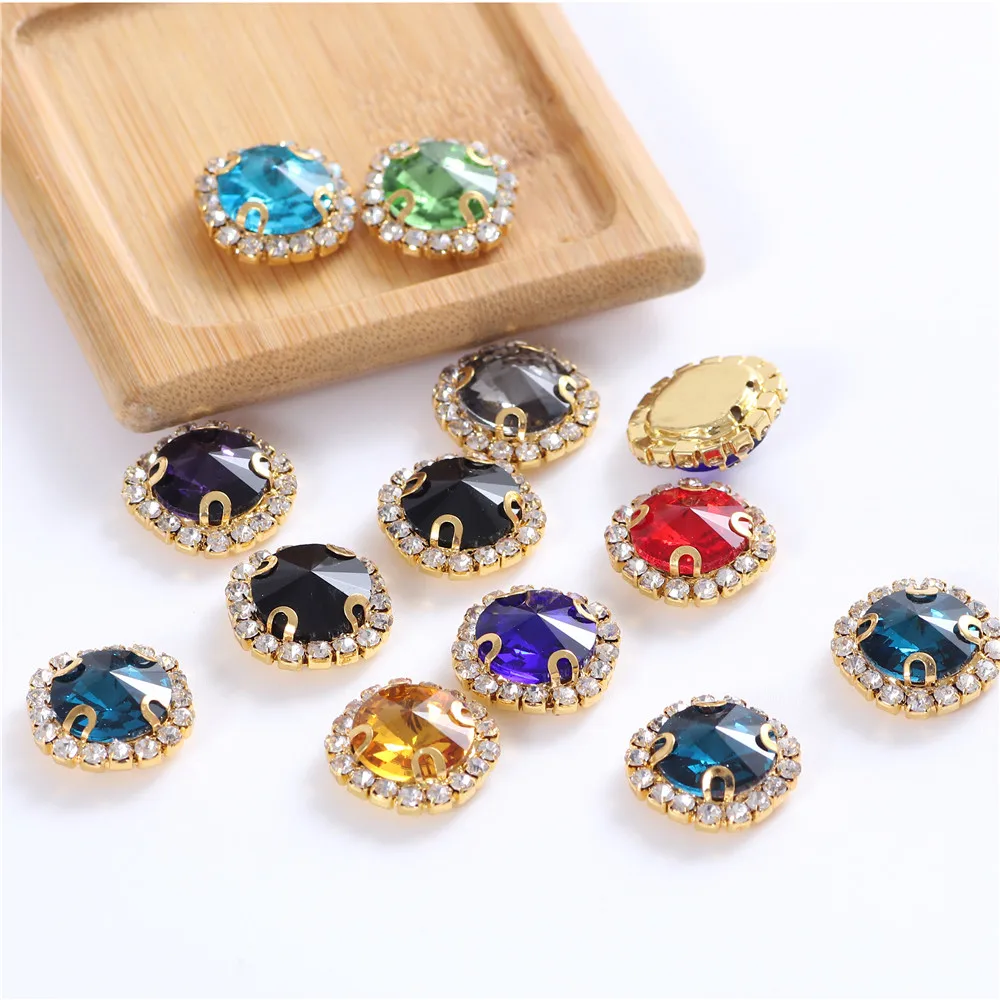 New 10pcs Colorful Round Glass Sew on Rhinestones With Golden Lace Claw Sewing Crystal Flatback Red Rhinestone For Needlework