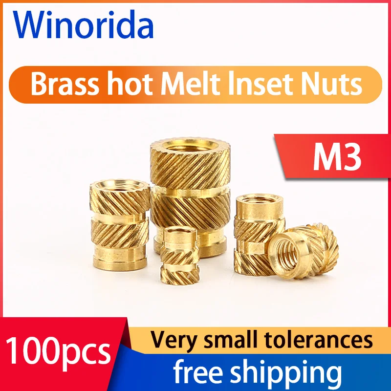 

Brass Hot Melt Insert Nuts Heating Molding Copper Thread Inserts Nut SL-Type Double Twill Knurled Injection Brass Nut M3 100 Pcs