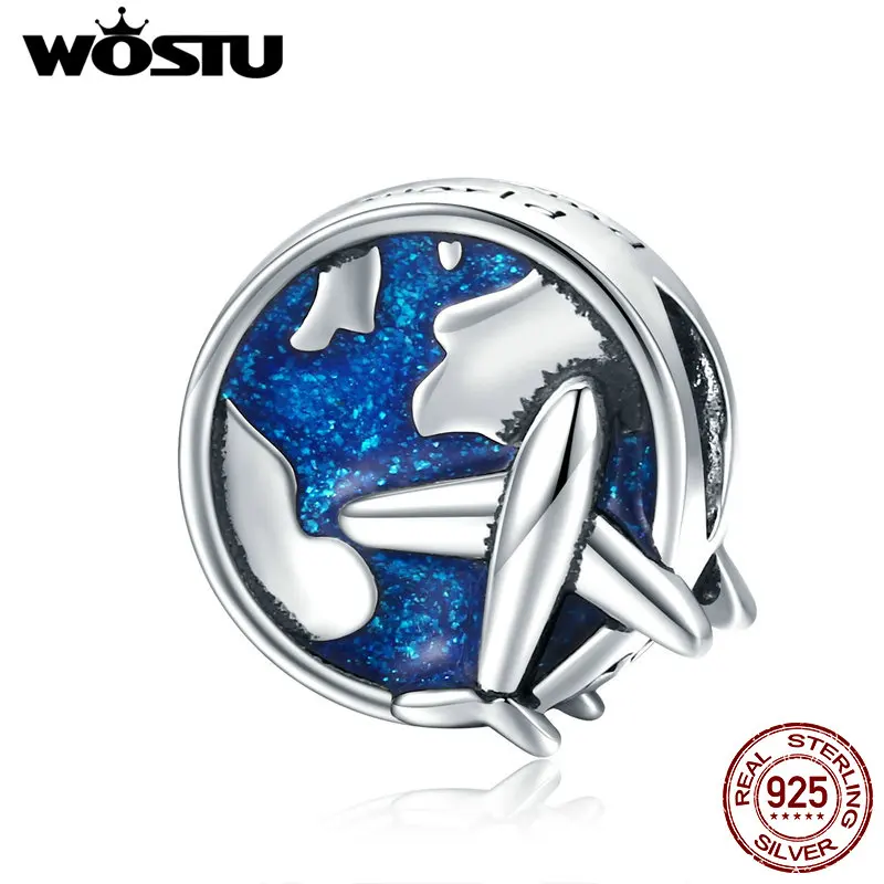 WOSTU Travel Charm Hot Sale 925 Sterling Silver World Voyage Charms Blue Enamel Beads fit Original DIY Bracelet Jewelry CQC1568