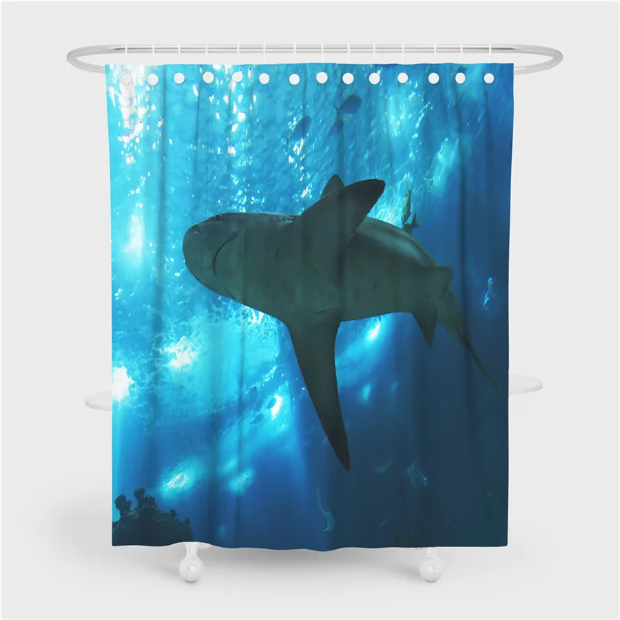 A Shark 3D Shower Curtain Bathroom Waterproof Polyester Printing Curtains for Bathroom Shower Hooks