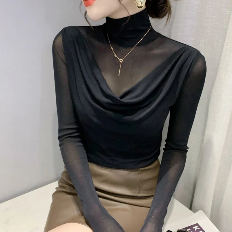 

#8412 Spring Autumn Turtleneck T Shirt Women Solid Color Skinny Women's T-shirt Mesh Sleeve False Two Piece T Shirt Korean Style