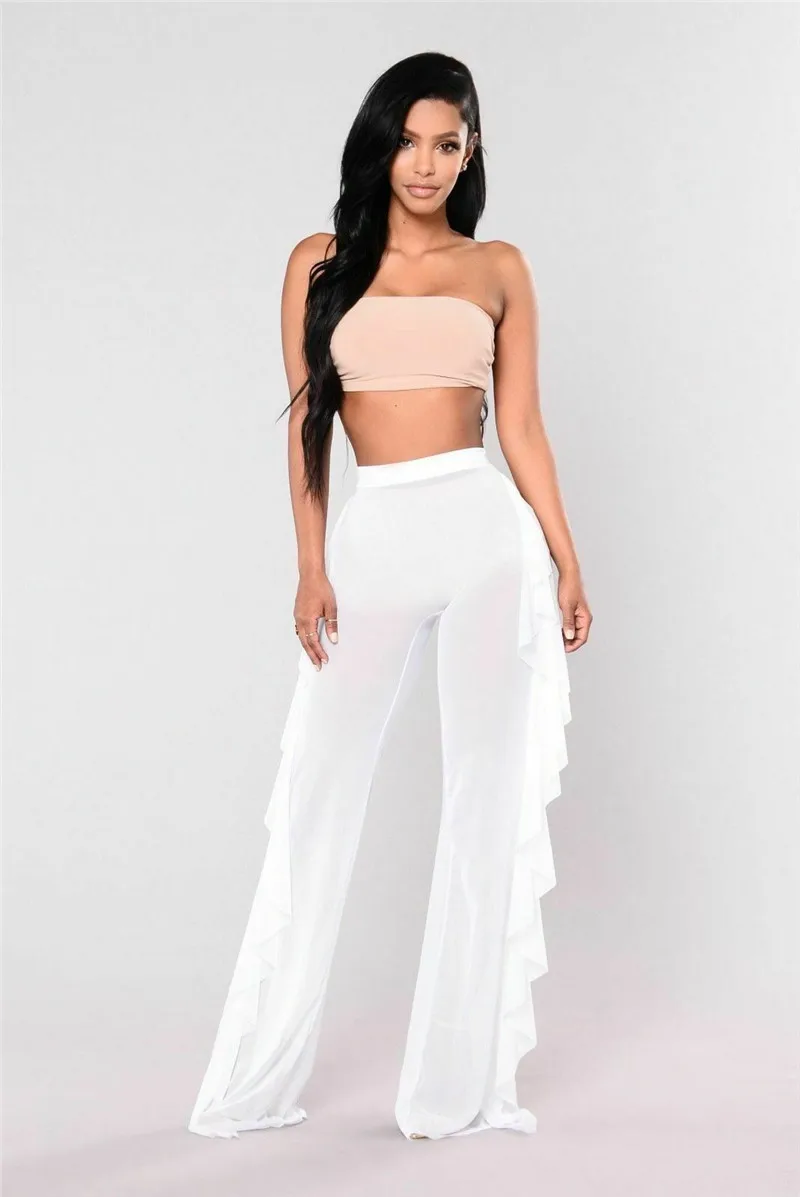 Hirigin Sexy Women See-through Pants Bikini Cover Up Mesh Ruffle Bottoms Plus Size Loose Long Trousers Beachwear Swimsuit