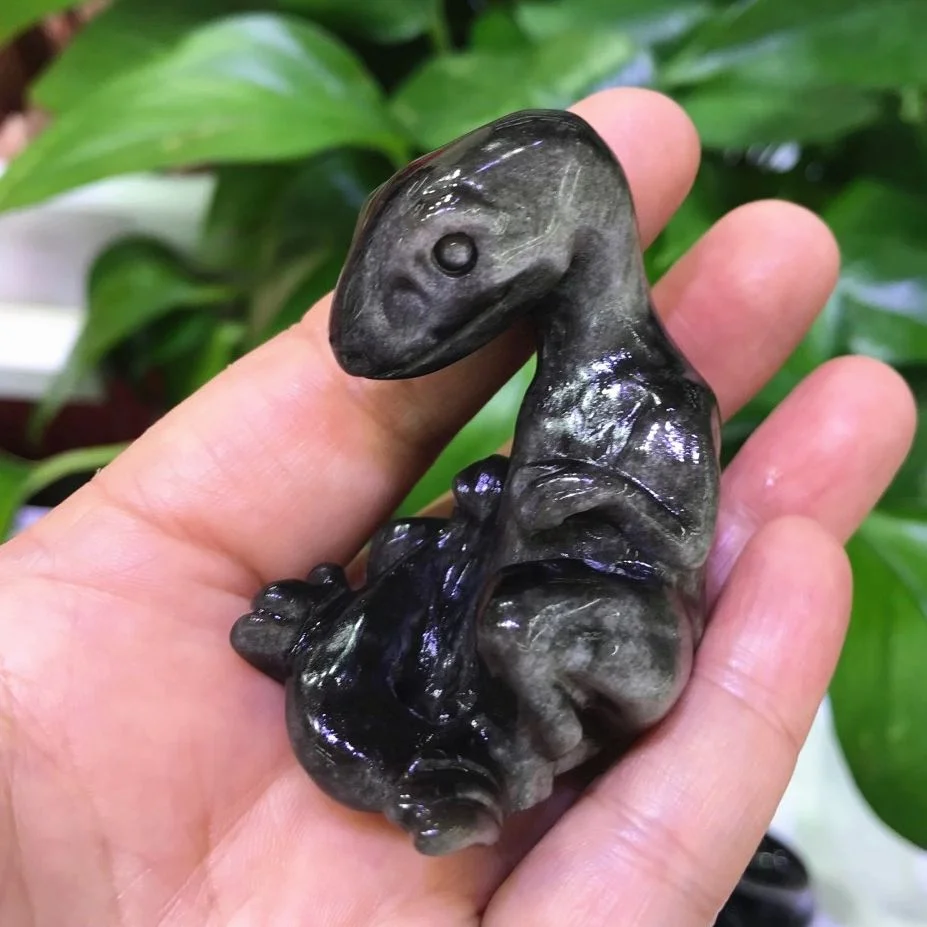 

Natural Silver Obsidian Quartz Crystal Handmade Lovely Baby Dinosaur Figurine Teenage Room Decor Ornament Sculpture Stone Crafts