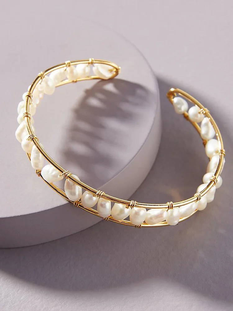 Gold Color Fresh Water Pearl Braided Cuff Bangle Bracelet for Women