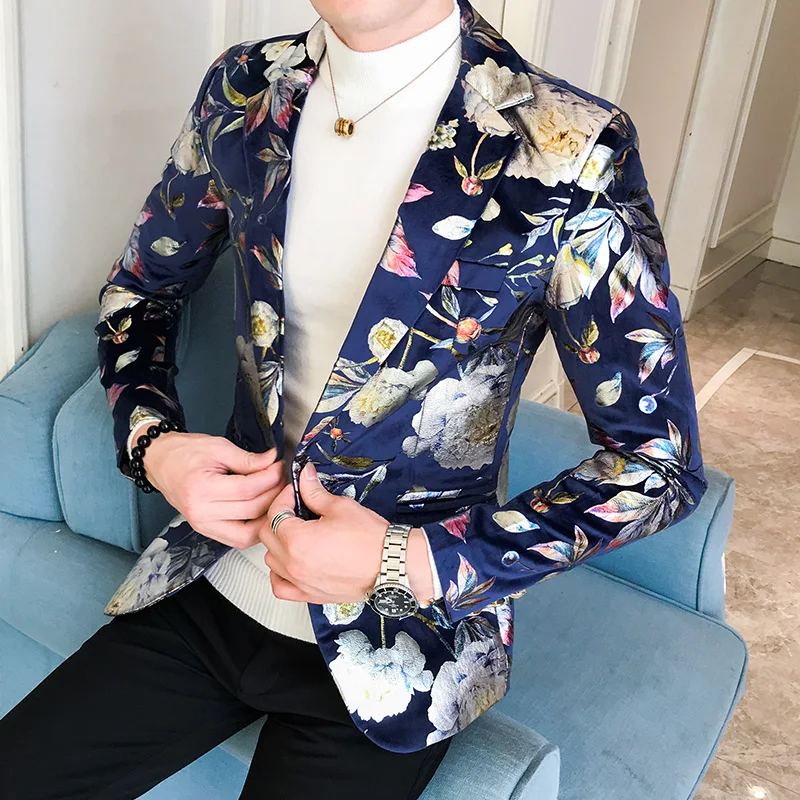 

Flower Spring Luxury Print Men Blazer Hombre For Men Slim Fit Blazer Suit Jacket Casual Dress Wedding Stage Singer Coat Jacket