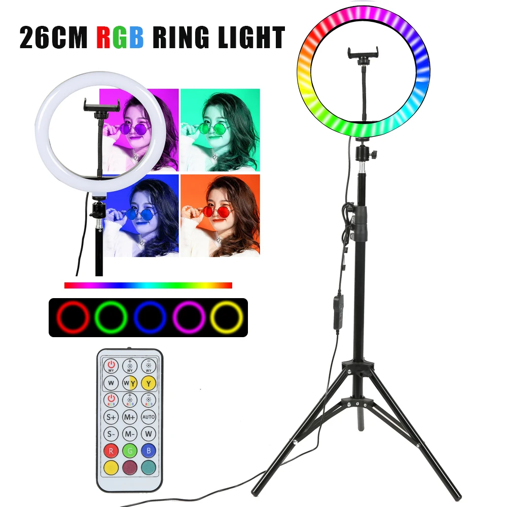 26cm Colorful RGB Ring Light with Stand Phone Tripod Lighting Ring Light with Remote Phone Camera Holder for Tiktok Photo Video