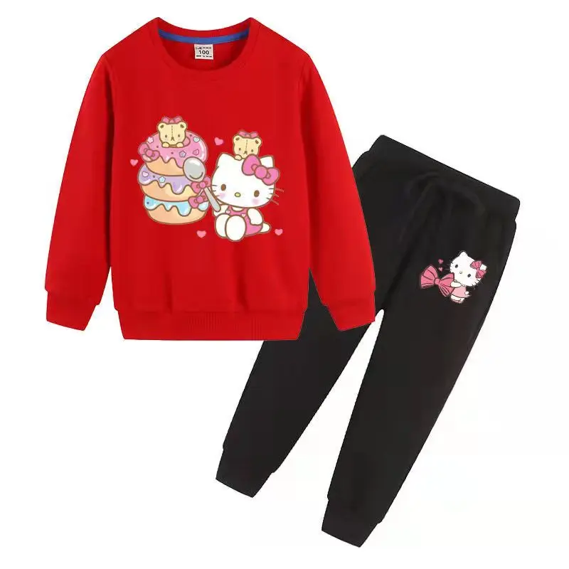 

Hello Kitty Spring And Autumn Children's Cute Cotton Pullover Sweater Two-piece Girl Casual Long-sleeved Sports Trousers For Kid