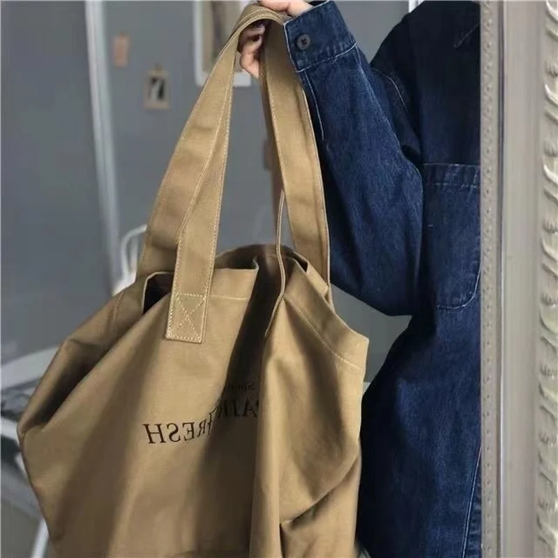 Women Vintage Letter Printed Shopping Bags Canvas Large Capacity Open Portable Shopper All-match Underarm Tote Mori-girl Stylish