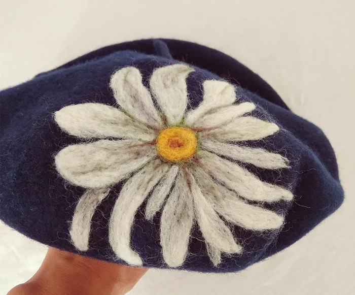 Faramita Holiday White Daisy Flowers Women Wool Felt French Berets Handmade Beret Girls Kids Child Winter Painter Hat Hats Cap