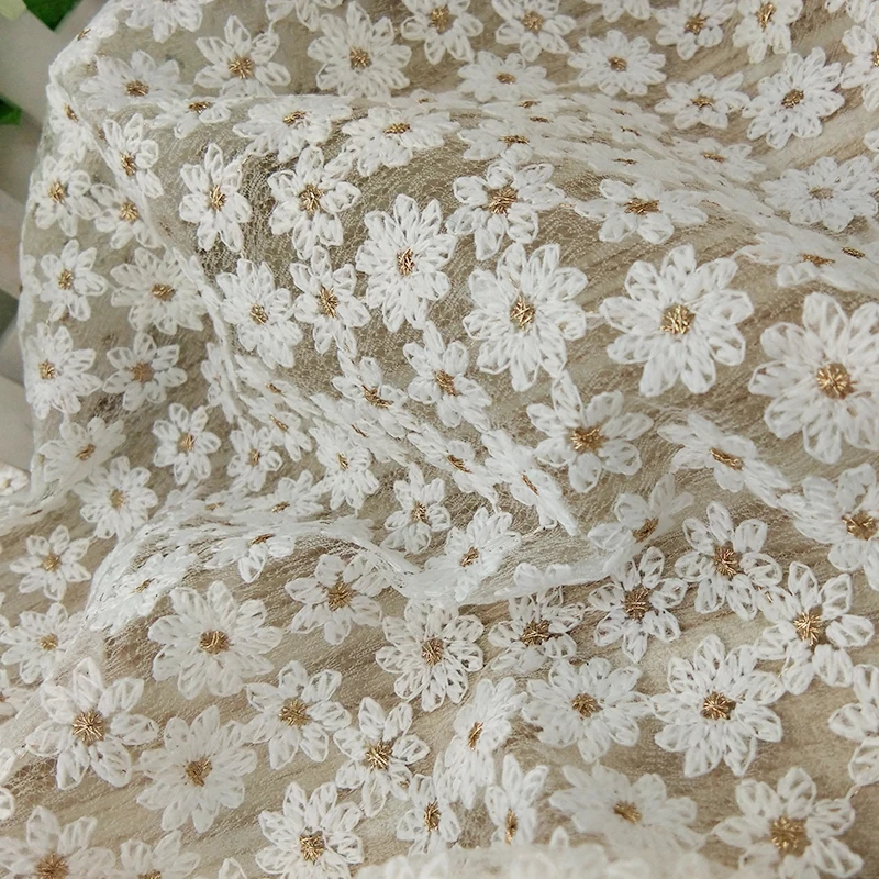 Soft White and Pink Chrysanthemum Embroidered Lace Fabric for Dress Wedding Skirt Mesh Fabric, by the Yard