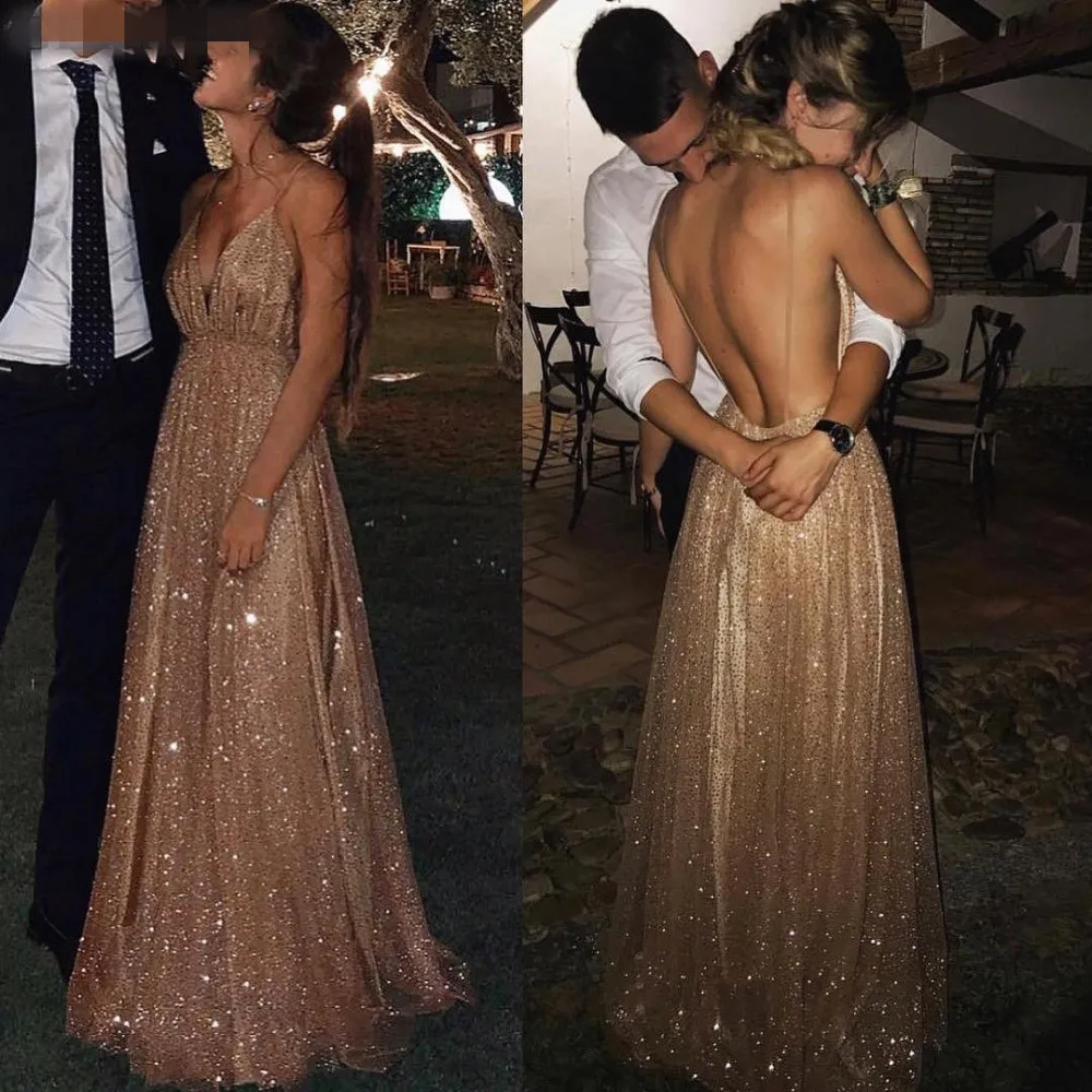 เซ็กซี่สายสปาเก็ตตี้ V-Neck Backless Dresses 2019 Rose Gold Sequin ชุดราตรียาว A-Line แชมเปญอย่างเป็นทางการ Gowns