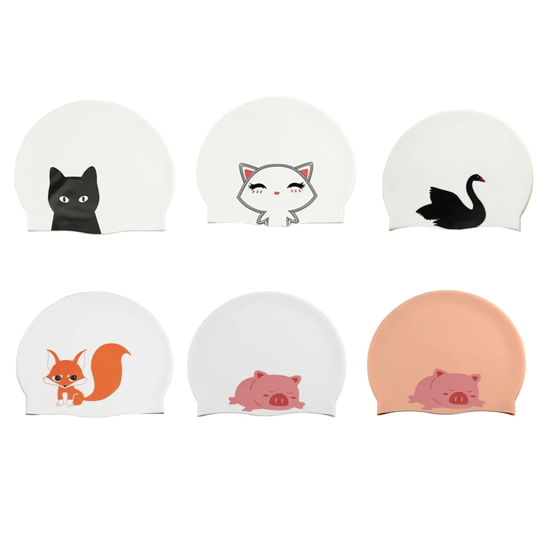 Gorro de natación de gato de dibujos animados engrosado, elástico de silicona, impermeable, orejas de pelo largo, protege la personalidad, gorros de baño para mujeres y niñas