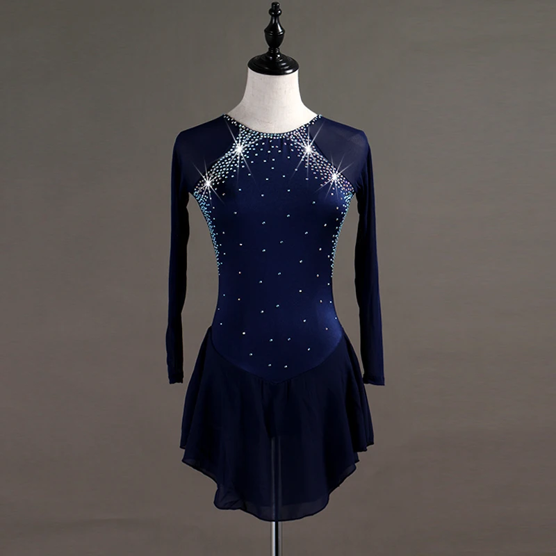 Figure Skating Dress Women girl Ice Skating Dress Long-sleeved  Gymnastics kids adult figure skating leaf rhinestone B039