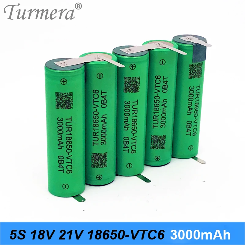 Turmera 18650 VTC6 3000mAh 6000mAh 5S 18V 21V Lithium Battery 30A Welding Strip for Screwdriver Battery Shurika Shura Customize