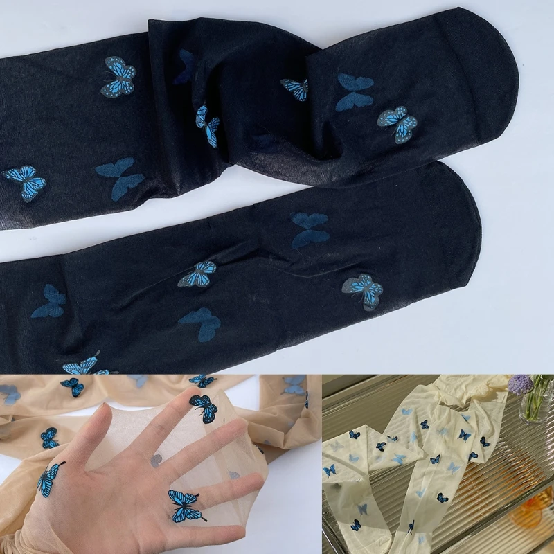 النساء الفتيات الأزرق فراشة طباعة جوارب طويلة الصيف انظر من خلال رقيقة جدا حريري الجوارب اليابانية لوليتا جوارب سلس