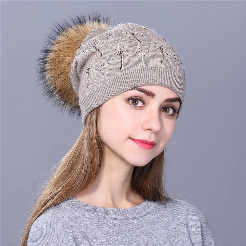 Xthree Women\'s Winter Hat Cashmere Beanies Hat for Women Gorros Wool Knitted Hat Real Fur Pom Pom Hat Female Hats For Girl