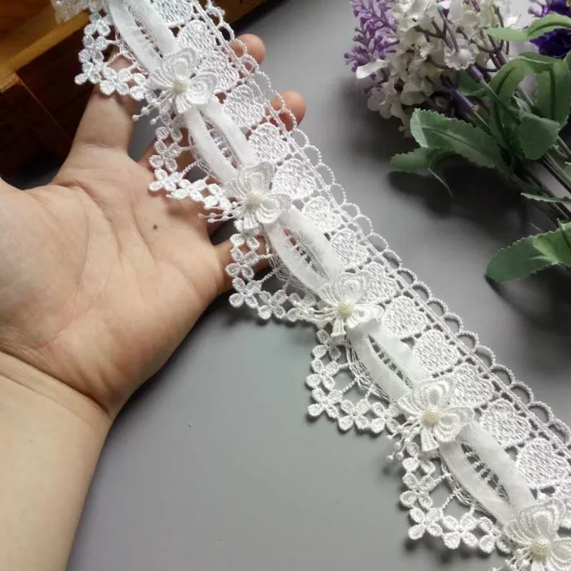 2 Yard Soluble Heart Bowknot Pearl Embroidered Lace Trim Ribbon Fabric Sewing Craft Patchwork Handmade For Costume Decoration