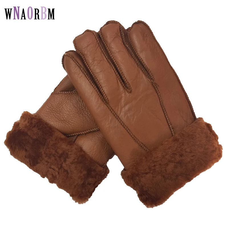 New Men Winter Gloves Warm Genuine Sheep Fur Gloves for Men Thermal Goat Fur Cashmere Real Leather Leather Snow Gloves Manual