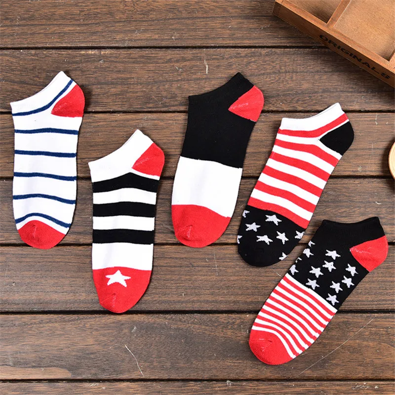 5 Pairs Red Striped American Flag Patterned BusinessMen Fashion Black White Socks Funny Cotton Male Harajuku Novelty British Sox