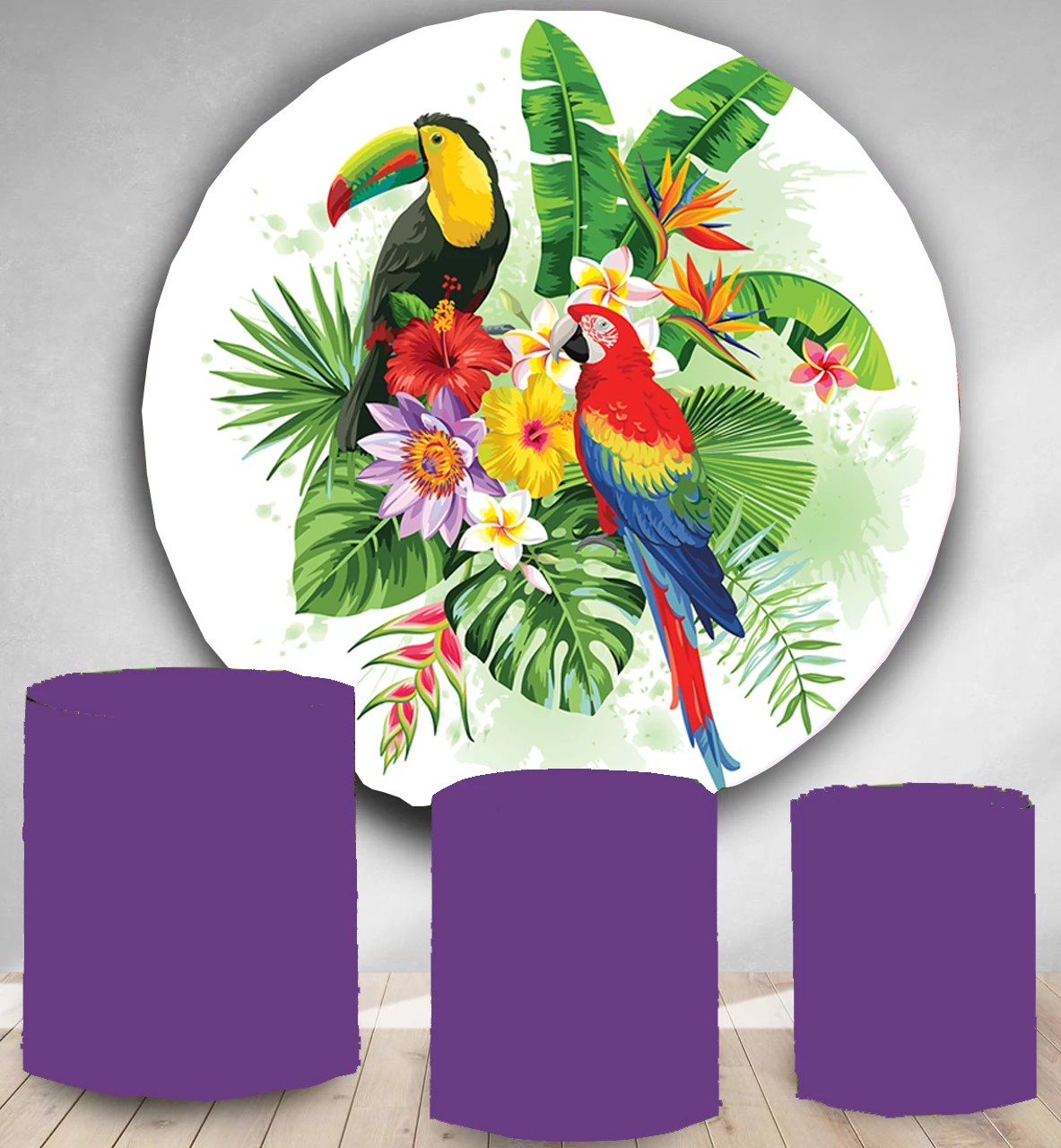 

Round Panel circle background Tropical summer parrot toucan palm leaves flowers Birthday party decor candy dessert table banner