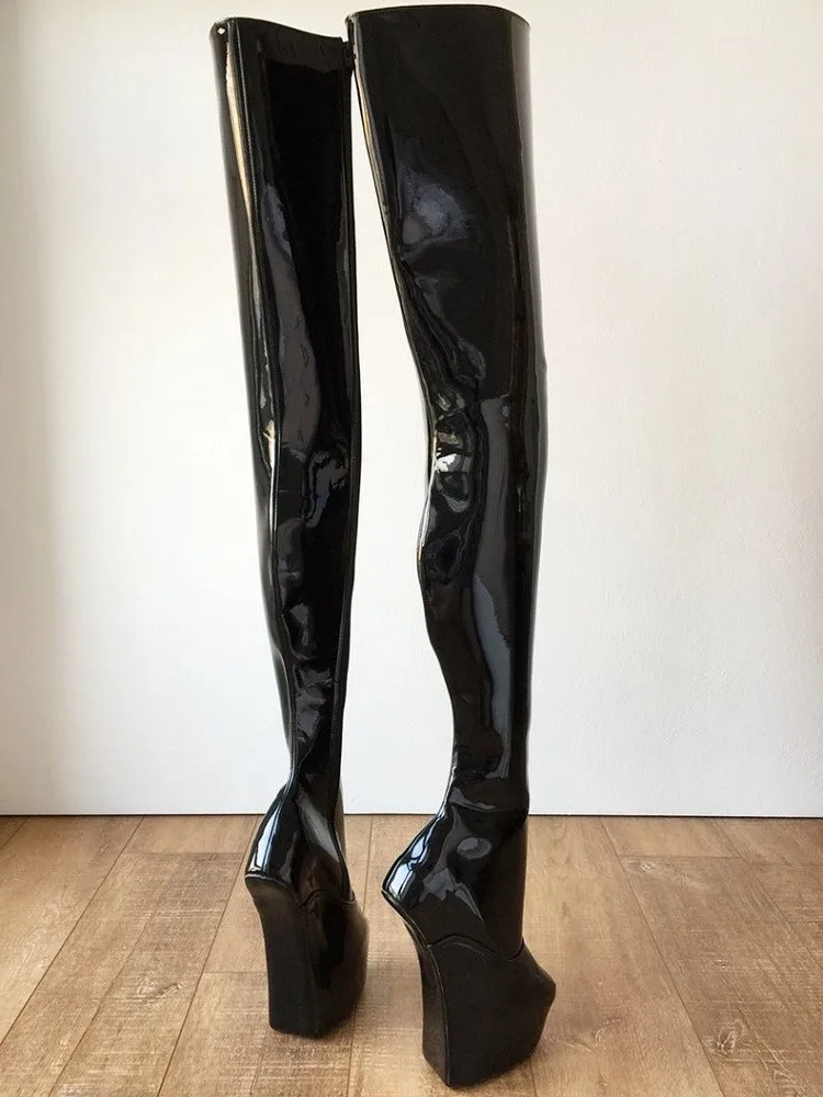 Black Patent Leather Sexy Over-the-knee Boots Hoof Heels High Tube Long Boots Pole Dance Thigh High Boot Women Shoes Botas Mujer