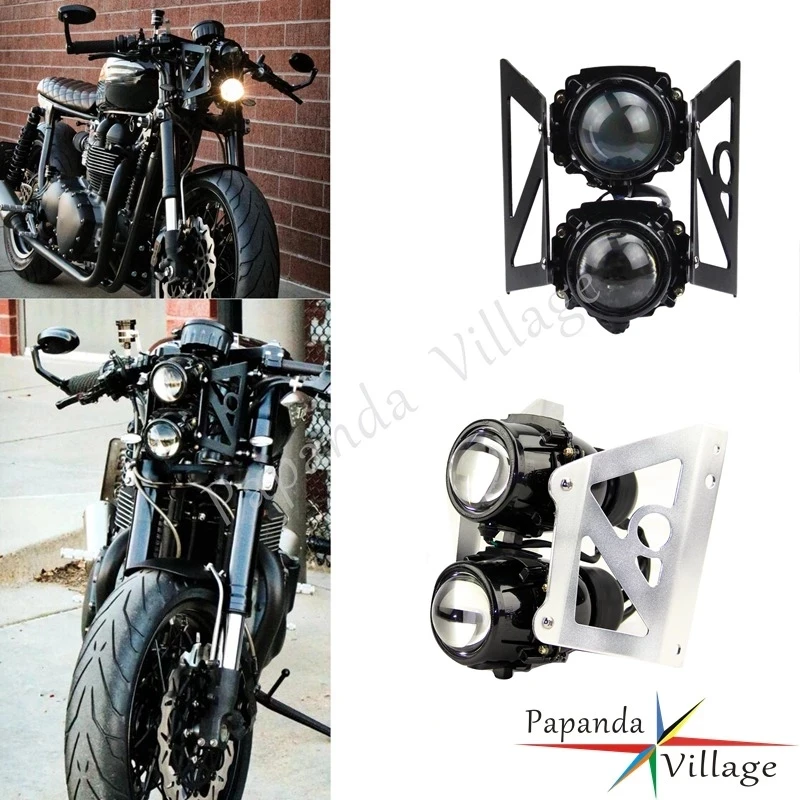 

For Honda BMW Scrambler Street Bike Dual Twin Headlight E4 Emark H3 Head Light Assembly w/Mounting Bracket DRL Lighting