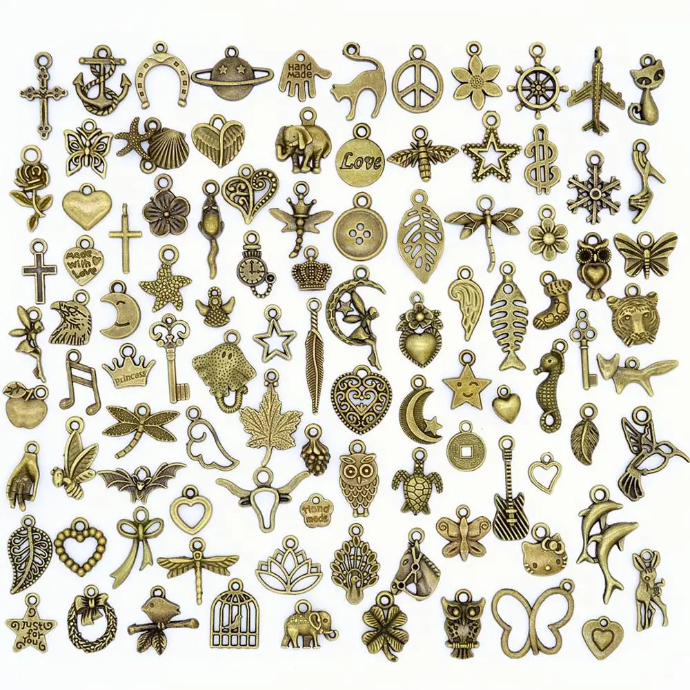 100pcs Mixed Styles Animal Heart Key Crown Charms