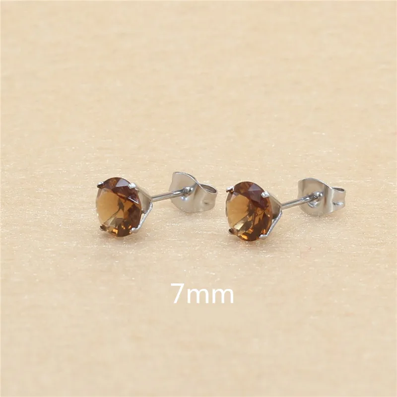 7mm AAA Round Colorful Yellow Zircons Stud Earrings With Stianless Steel Needle Brief Jewelry 20 Colors For Choose No Allergy