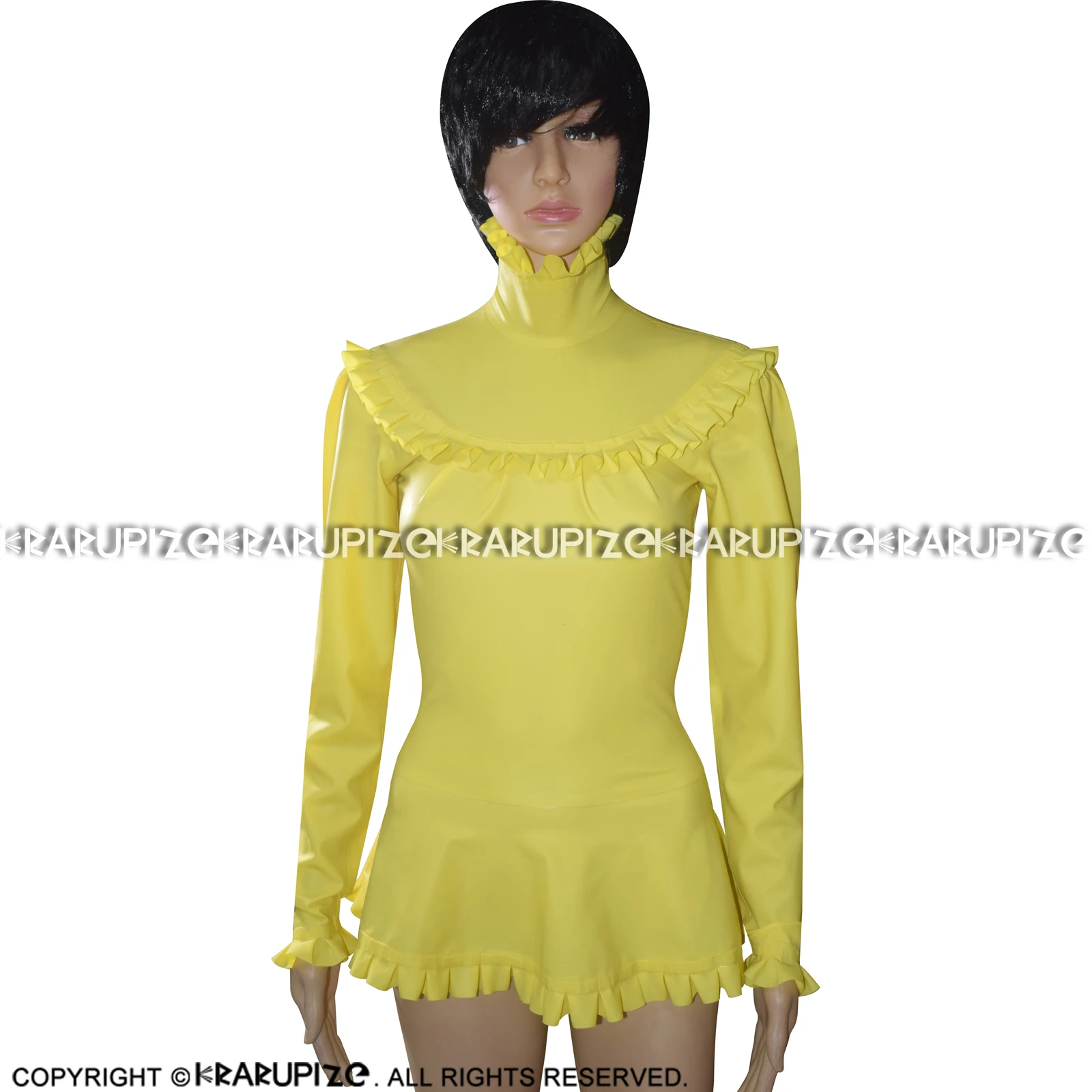 Yellow Sexy Latex Blouse With Puffs Sleeves Ruffles Rubber Shirt Top Clothes Clothing YF-0157