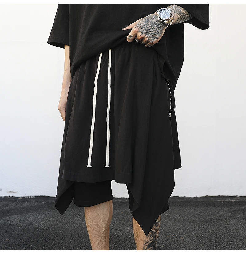 Dark  wind fake two-piece layered stitching drawstring suspender shorts  European and American high street trendy male Ha