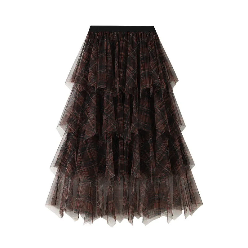 Women Tulle Plaids Skirts Princess Layered Ball Gown Puff Skirts Puff Women Lolita Mesh Skirt Ballet Vintage Midi Pleated Skirts