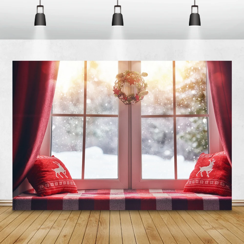 

Laeacco Christmas Photography Backdrops Window Scenery Curtain Pillow Wreath Snow Winter Photographic Backgrounds Photo Studio