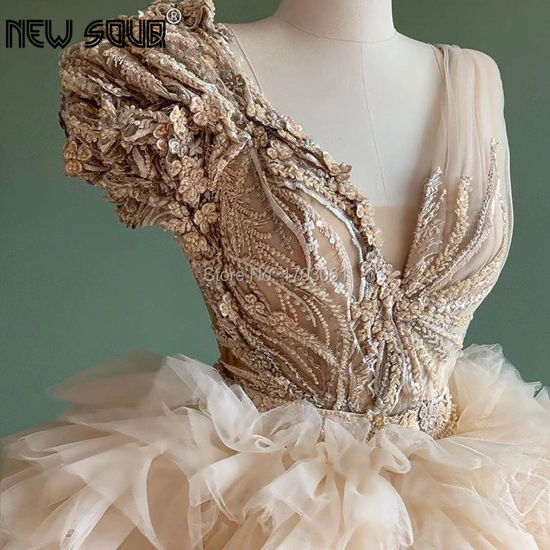 Chic Ontwerp Puffy Beige Ruches Avondjurken 2020 Aibye Dubai Bloem Applicaties Kralen Party Jurk Prom Dress Robe De Soiree nieuwe