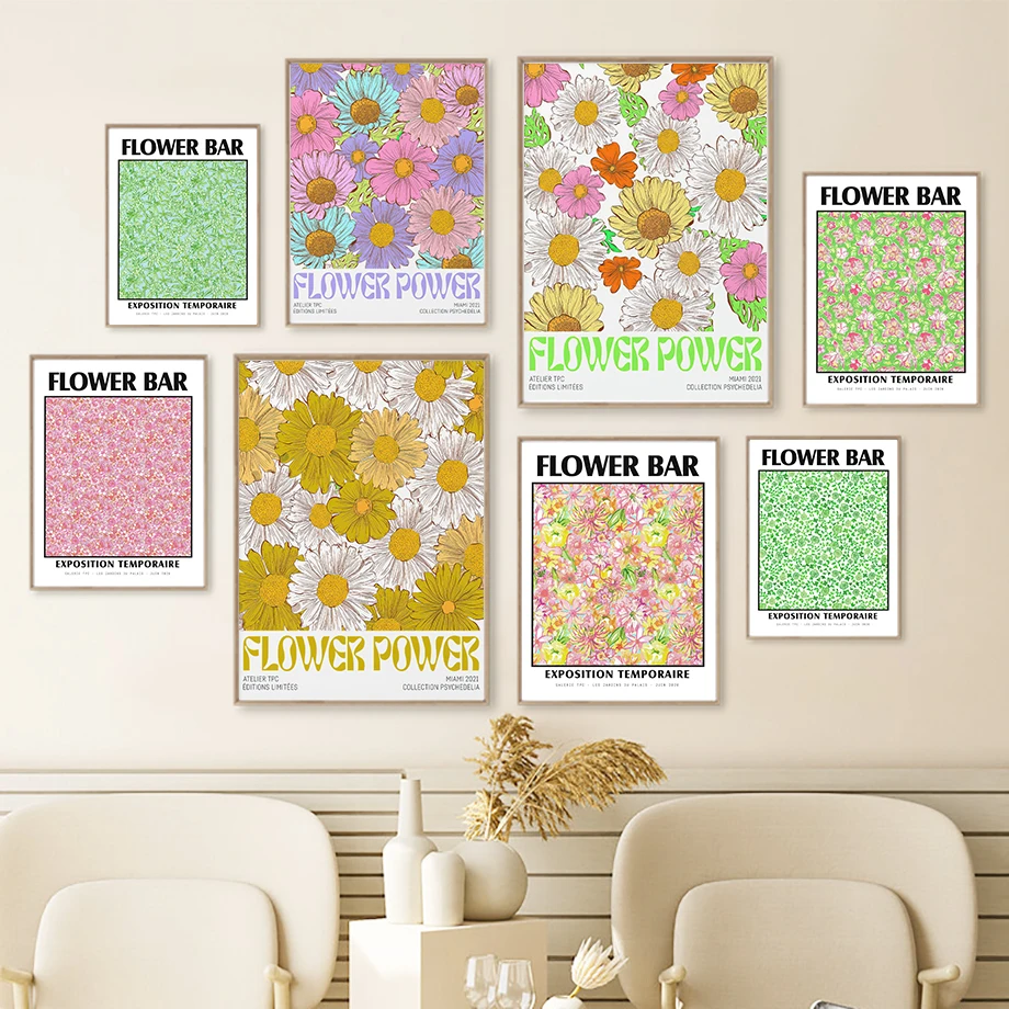 Wall Art Canvas Painting Colorful Flower Power Bar Daisy Monstera Nordic Posters And Prints Wall Pictures For Living Room Decor