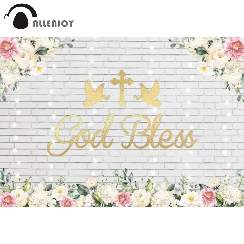 Allenjoy God Bless Gold Cross Backdrop First Holy Communion Brick Wall Flowers Baptism Lights Banner Background Photobooth