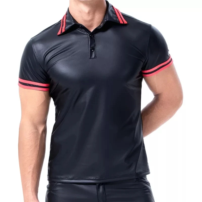 Mens Sexy Faux Leather Short-sleeved Shirt Erotic Shaping Sheath Latex Bodycon Casual T-shirts Male Patent Leather Polo Shirt