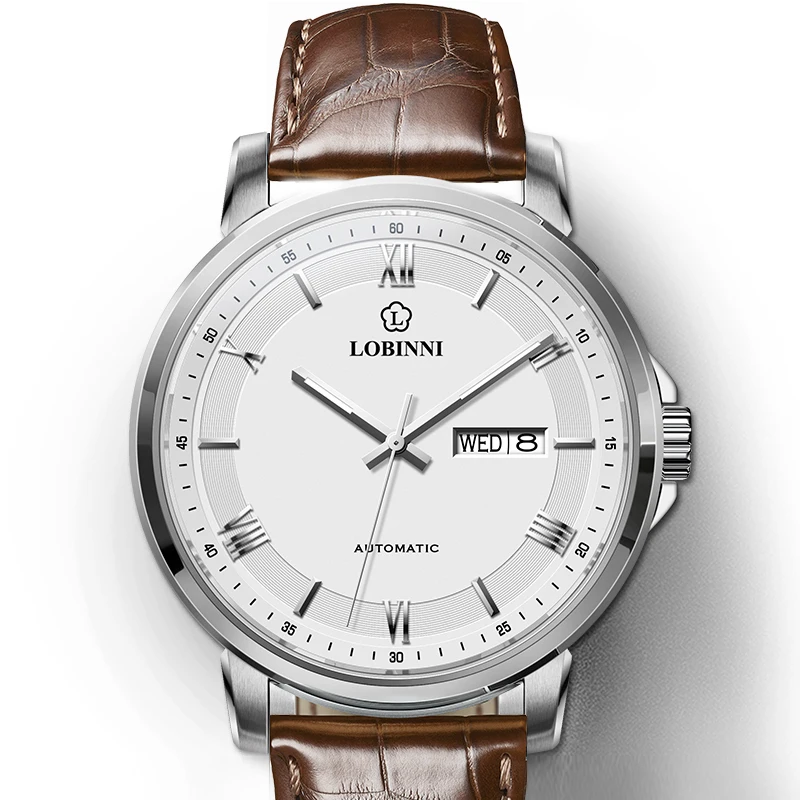 

LOBINNI Роскошные мужские механические часы с ремешком из натуральной кожи, новые автоматические часы с сапфировым стеклом, водонепроницаемые, 50 м, мужские часы