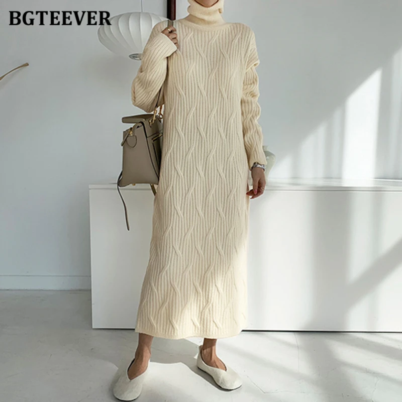 BGTEEVER elegante dolcevita spesso maglione lavorato a maglia attorcigliato lungo abito da donna maglione dritto allentato caldo invernale Vestidos