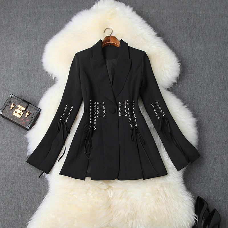 HIGH STREET 2024 Designer Stylish  Women\'s Single Button Slit Rope Lacing Up Blazer Jacket