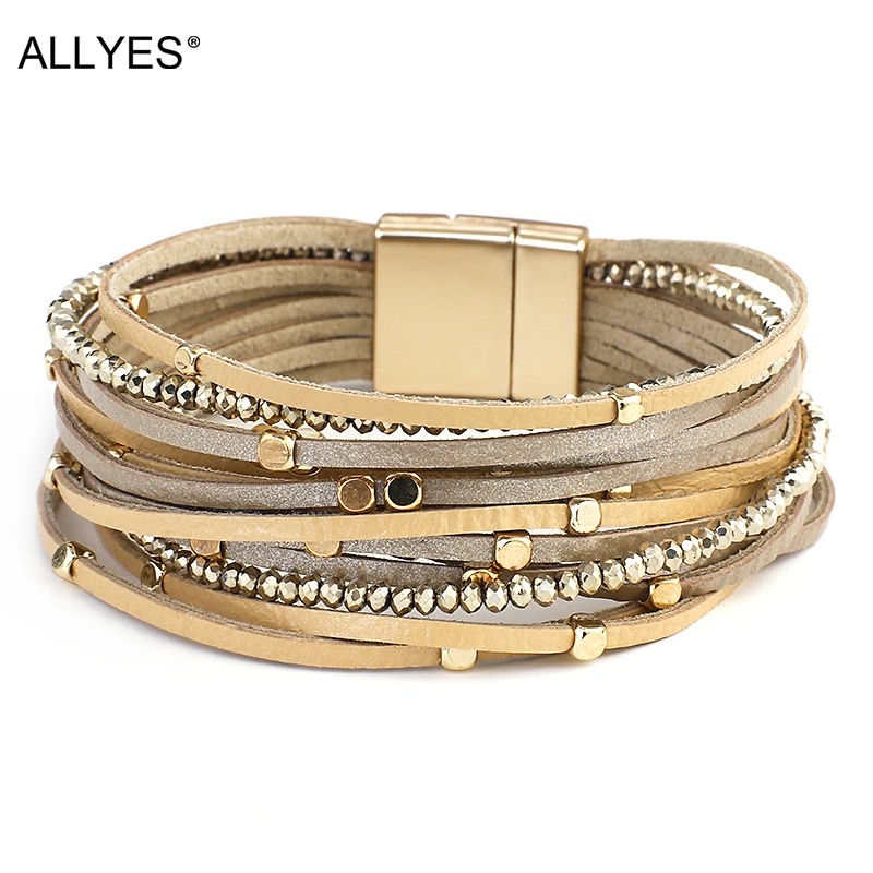 ALLYES Champagne Genuine Leather Bracelets for Women Boho Multilayer Metal Charm Resin Beads Wrap Bracelets Fashion Jewelry