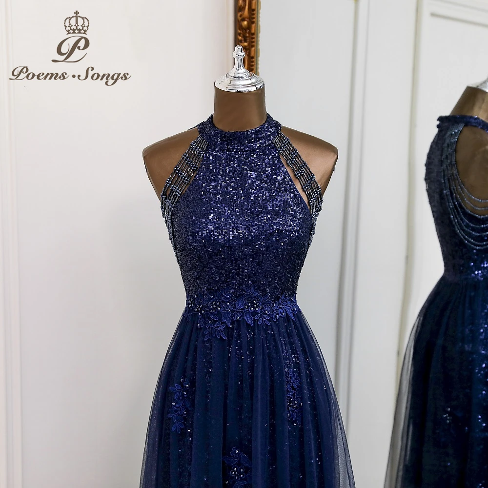 Exquisite sequin A-line style Navy blue evening dress prom dresses evening gowns vestidos de fiesta robe de soirée de mariage