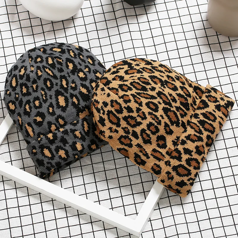 Ladies winter leopard hat fashion women wool warm knitted hats animal print beanies cap gorros mujer invierno thicken bonnet