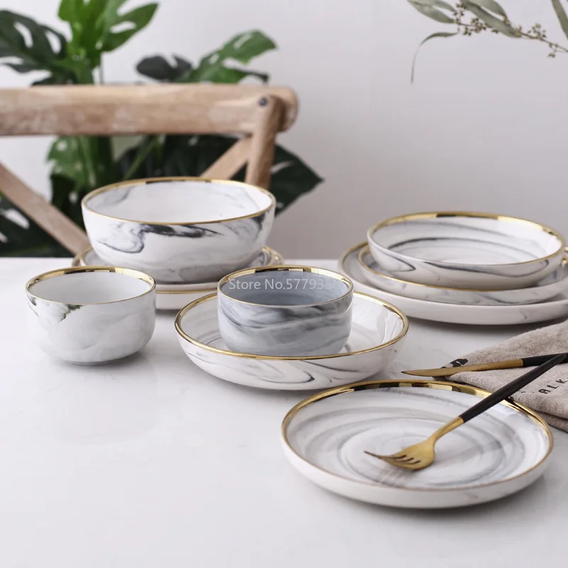 Ceramic Bowl Dinner Set Rice Noodles Bowl Phnom Penh Marble Pattern Series Porcelain Plate Family Soup Bowl Tableware Set