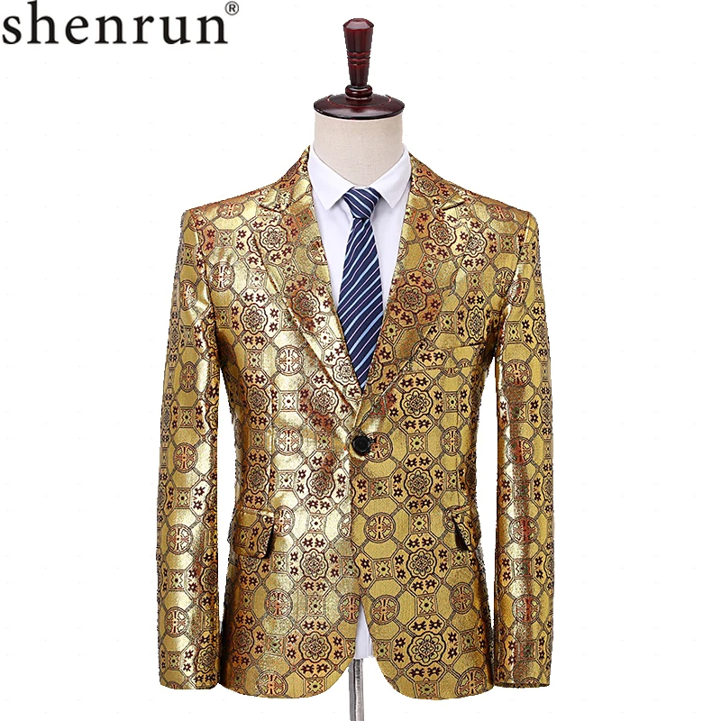 

Shenrun Men Blazers Gold Floral Pattern Slim Casual Suit Jacket Groom Jacket Singers Host Drummer Blazer Stage Costume Plus Size