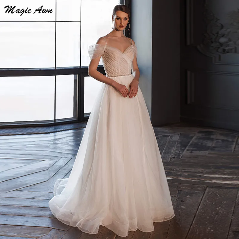 Magic Awn – Robe de mariée de princesse élégante, effet d'illusion, épaules dénudées, perlée, ligne a, style Boho, avec lacets dans le dos, 2021