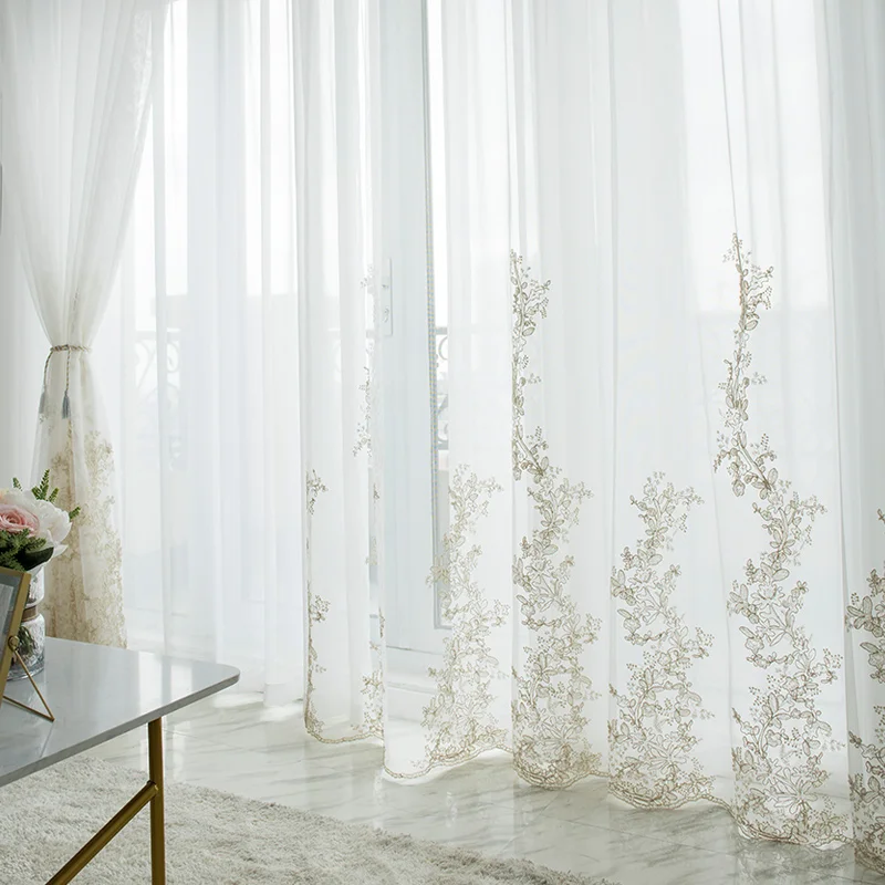 Embroidered Luxury Tulle Curtains For Living Room Bedroom Floral Voile Sheer Window Screen Curtain for Kitchen Blinds Drapes