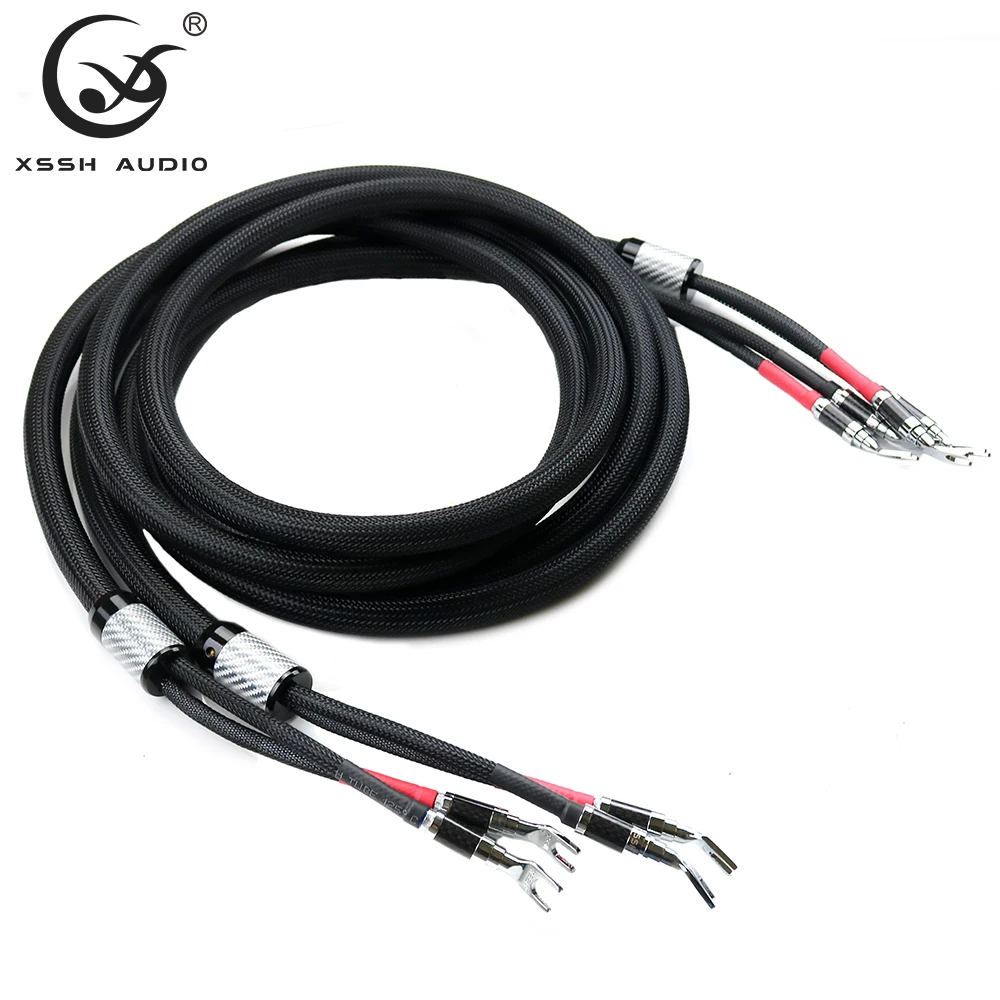 1 Pair New XSSH Hifi Audio Cable CL2 Carbon Fiber Y Spade to Y Spade Plug 6 Core Pure Copper OFC 18mm Speaker Cable Cord Wire