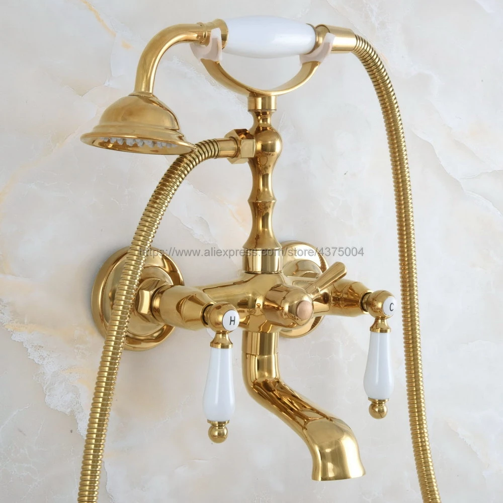 

Wall Mounted Gold Color Brass Clawfoot Bathtub Faucet telephone style Bath Shower Water Mixer tap with Handshower Nna866